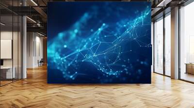 Blue abstract background with a network grid and particles connected. AI generative Wall mural