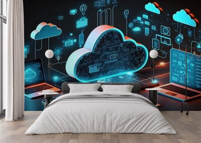 Cloud technology, computing. Devices connected to digital storage in the data center via the Internet, IOT, Smart Home Communication laptop, tablet, phone home devices with an online, (Generative AI). Wall mural