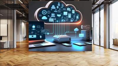 Cloud technology, computing. Devices connected to digital storage in the data center via the Internet, IOT, Smart Home Communication laptop, tablet, phone home devices with an online. (Generative AI). Wall mural