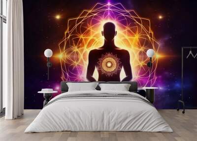 Concept of meditation and spiritual practice, expanding of consciousness, chakras and astral body activation, mystical inspiration image. Generative ai technology Wall mural