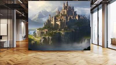 Fantasy castle in the middle ages. Medieval digital inspiration of a large fort among mountains with a city below. Olden and scenic city in middle earth. Generative AI technology. Wall mural