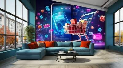 Futuristic online shopping technology digital payment from mobile phone. Generative AI technology Wall mural