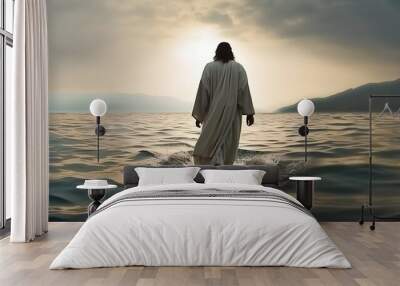 Jesus Christ walking on water on the sea of Galilee. AI generated. Wall mural