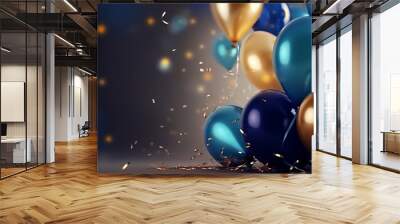 Realistic Festive background with golden and blue balloons falling confetti blurry background and a bokeh lights. AI generated Wall mural