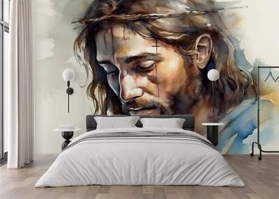 Religious spiritual illustration background faith art prayer christianity digital artwork jesus christ god holy saint saviour disciple christian bible biblical scene meditation Generative AI  Wall mural