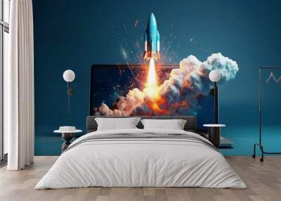 Rocket coming out of laptop screen, innovation and creativity concept, background. AI generative Wall mural