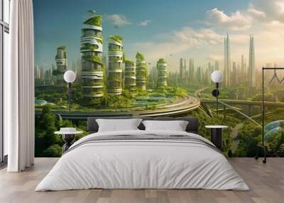 Spectacular eco-futuristic cityscape full with greenery, skyscrapers, parks, and other manmade green spaces in urban area. Green garden in modern city. Digital art 3D illustration. Generative AI  Wall mural