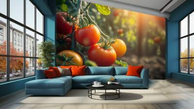 Tomatoes growing in greenhouse - Generative AI Wall mural