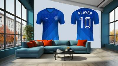 3D realistic mock up of front and back of blue soccer jersey t-shirt . Concept for football team uniform or apparel mockup template in design vector illustration Wall mural