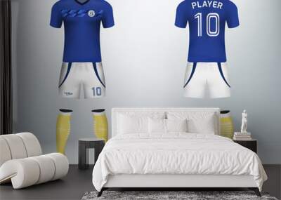 3D realistic mock up of front and back of soccer jersey shirt. Concept for blue soccer team uniform or football apparel mockup design in vector illustration. Wall mural