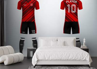 3D realistic mock up of front and back of soccer jersey shirt. Concept for red soccer team uniform or football apparel mockup design in vector illustration. Wall mural