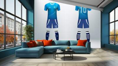 3D realistic mock up of front and back of soccer jersey shirt. Concept for soccer team uniform or football apparel mockup. Blue soccer kit t-shirt template design in vector illustration. Wall mural