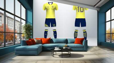 3D realistic mock up of front and back of soccer jersey shirt. Concept for yellow soccer team uniform or football apparel mockup design in vector illustration. Wall mural