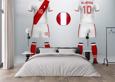 3D realistic of font and back of Peru soccer jersey shirt with pants and Switzerland badge. Concept for national soccer team uniform or football apparel mockup template in vector illustration. Wall mural