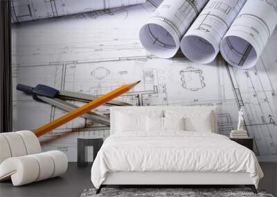 Architecture plans with compass Wall mural