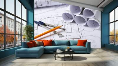 Architecture plans with compass Wall mural