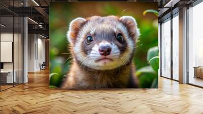 Intensely curious ferret with shiny dark eyes and soft fur poses in natural brown background with subtle green foliage. Wall mural