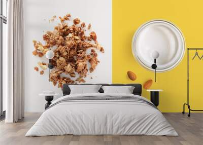 Creative layout made of granola and almond milk. Flat lay. Food concept. Macro concept. Wall mural