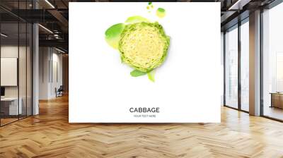 Creative layout made of green cabbage with watercolor spots on the white background. Flat lay. Food concept. Wall mural