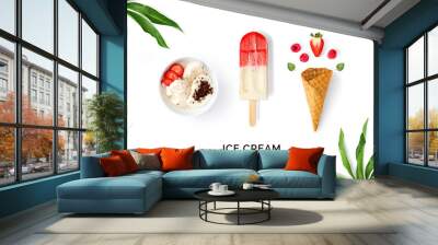 Creative layout made of  ice cream and strawberry. Flat lay. Food concept. Ice cream and fruits on white background. Wall mural