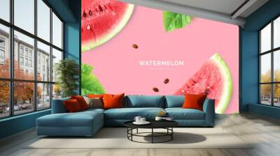 Creative layout made of watermelon. Flat lay. Food concept. Watermelon on pink background. Wall mural