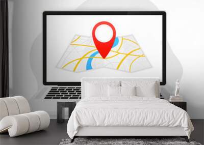 Map with a pin on laptop. Red direction indicator on a folded city map, gps navigation and location of movement. Location map flat design isolated on white. Vector illustration Wall mural