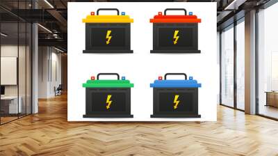 Set Car battery icon isolated on white background. Accumulator battery of energy and accumulator battery of electricity. Accumulator battery auto parts power supply in flat style. Vector illustration Wall mural