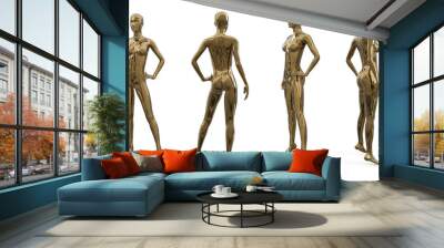 Metal chromed female mannequins for clothes. Set from the side, front and back view. Commercial equipment for shop windows decoration. 3d illustration isolated on a white background. Wall mural