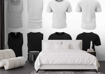 Mockup of underwear, clothing template isolated on white background. 3d illustration of a men's undershirt and T-shirt in white and black color in front and back views. Wall mural