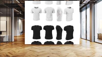 Set of women's and men's t-shirts in white and black color. 3d illustration of blank template, mockup of realistic clothes for design. Front, back, side view. Wall mural