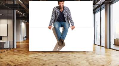 Smiling Handsome Man Is Sitting On A Top Of White Banner Wall mural