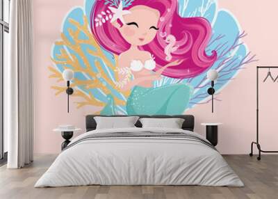 Cute mermaid vector illustration, Illustration for kids fashion artworks, children books, greeting cards, t-shirt prints, wallpapers. Wall mural