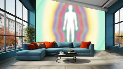 Muted grainy textured retro pulsing  rainbow aura layers - energy field with human figure  -  high resolution background Wall mural