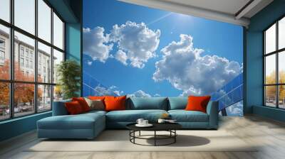 3D rendered image of two solar panels under a clear blue sky with fluffy clouds, symbolizing advancements in renewable energy and ecosustainability Wall mural