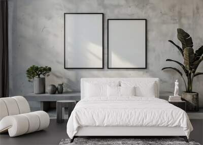 Galleryinspired minimalist design with two blank frames on a white textured wall above a concrete bench, creating a modern display space, 3D illustration Wall mural