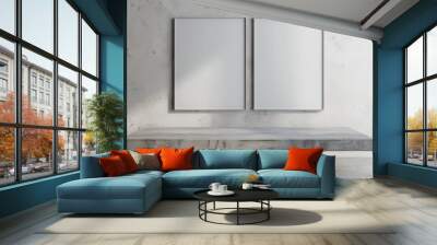 Minimalist interior design featuring two empty frames on a wall above a concrete bench, with a textured white background, 3D render Wall mural