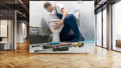 man plumber in uniform installing toilet bowl using instrument kit professional repair service Wall mural