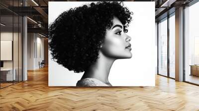 A black silhouette of an African American woman with curly hair, standing against a white background She is wearing casual attire and has her head tilted back in profile Generative AI Wall mural