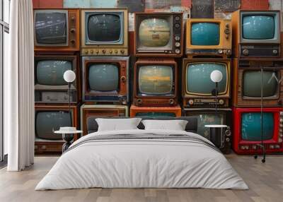 A collection of old vintage retro tv television sets in a stack Wall mural