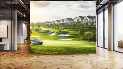 A day at a resort golf course nice weather beautiful course layout Golf cart in front golfers walking to the green blurred human motion Hand edited Generative AI Wall mural