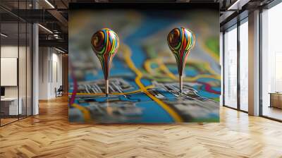 A detailed map displaying a specific location marked with two vibrant pins symbolizing the starting and destination points in a GPS navigation system used for efficient route planning and guidance Wall mural