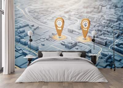 A digital map displaying a location with two pins set representing AI technology in GPS innovation in delivery services and map location for future transport logistics Wall mural