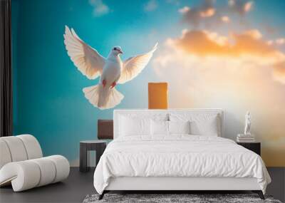 A dove flying over a Christian cross, concept of peace and resurrection, religious background for easter and christmas Wall mural