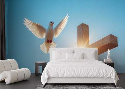 A dove flying over a Christian cross concept of peace and resurrection religious background for easter and christmas Wall mural