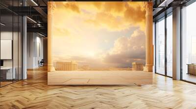 a golden yellow ancient greece and roman empire texture wallpaper background with a lot of empty blank copyspace. pillars and old buildings. Wall mural