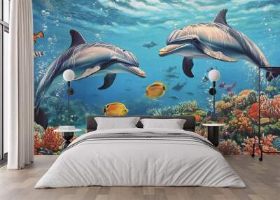 a painting of two dolphins swimming over a coral reef with tropical fish Wall mural