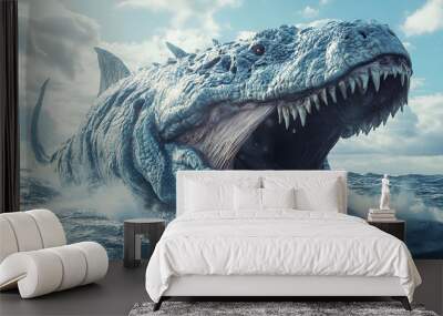 A terrifying sea monster emerges from the depths, its sharp teeth bared in a menacing growl. Wall mural