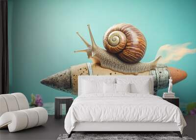 A whimsical and surreal image of a snail riding on a rocket combining elements of speed and slowness symbolizing the contrast between patience and acceleration Wall mural