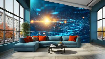 Abstract blue tech background with digital waves, network system with artificial neural connections and cyber quantum computing Wall mural