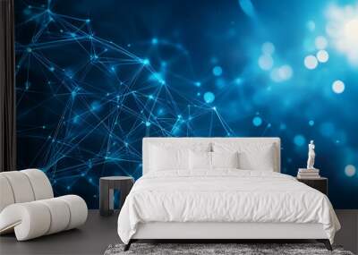 Abstract illustration featuring plexus blue geometrical shapes representing connection and web concept with digital communication and technology network background comprising moving lines and dots Wall mural